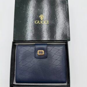 Gucci Navy Embossed Leather Card Holder with Gold-Tone Snap